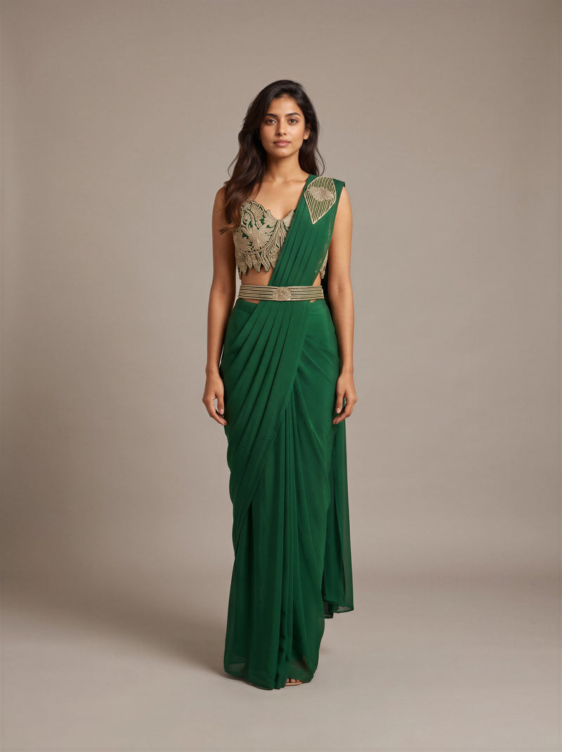 Vanya Bottle Green Zari Pre-Draped Saree