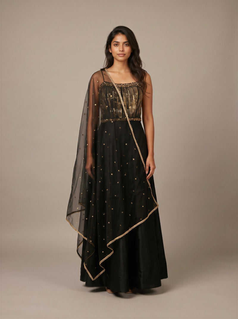 Noctis Black Raw Silk Mermaid Lehenga Set