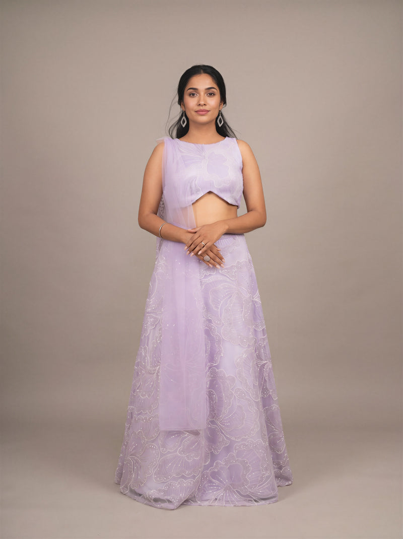 Lavender Pearl Bead Net Lehenga Set