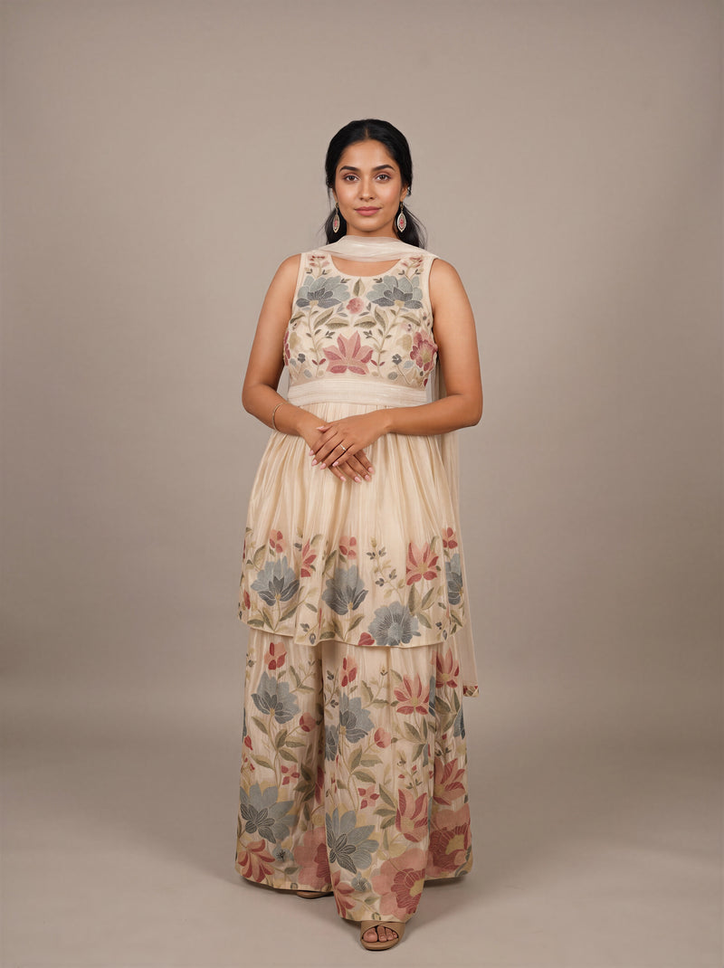 Aangan Ivory Chinon Floral Palazzo Suit