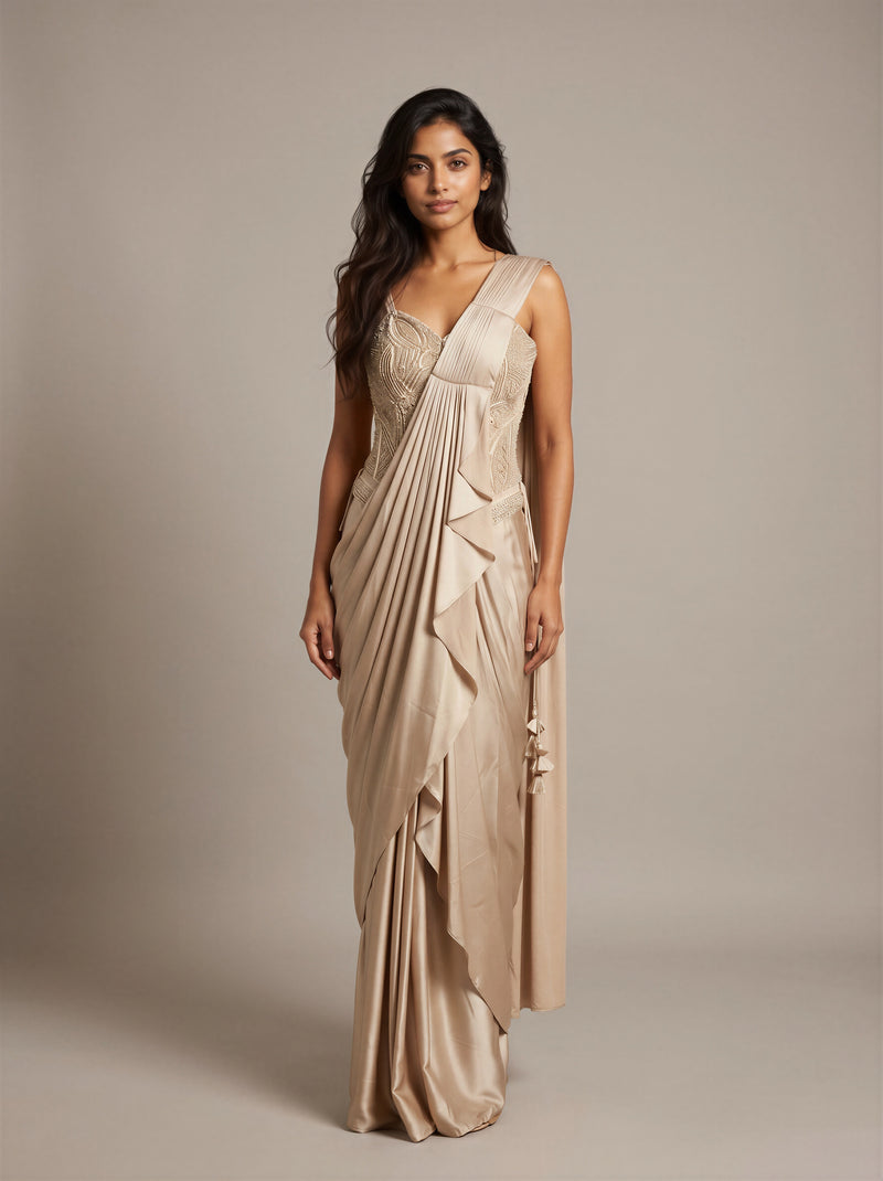 Ivoire Pearl Bustier Pre-Draped Satin Saree