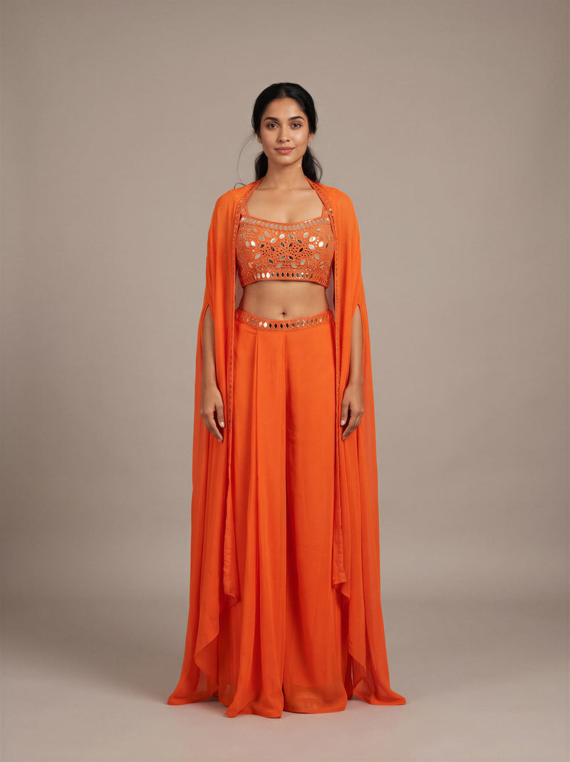 Marigold Orange Mirror-Work Cape Set