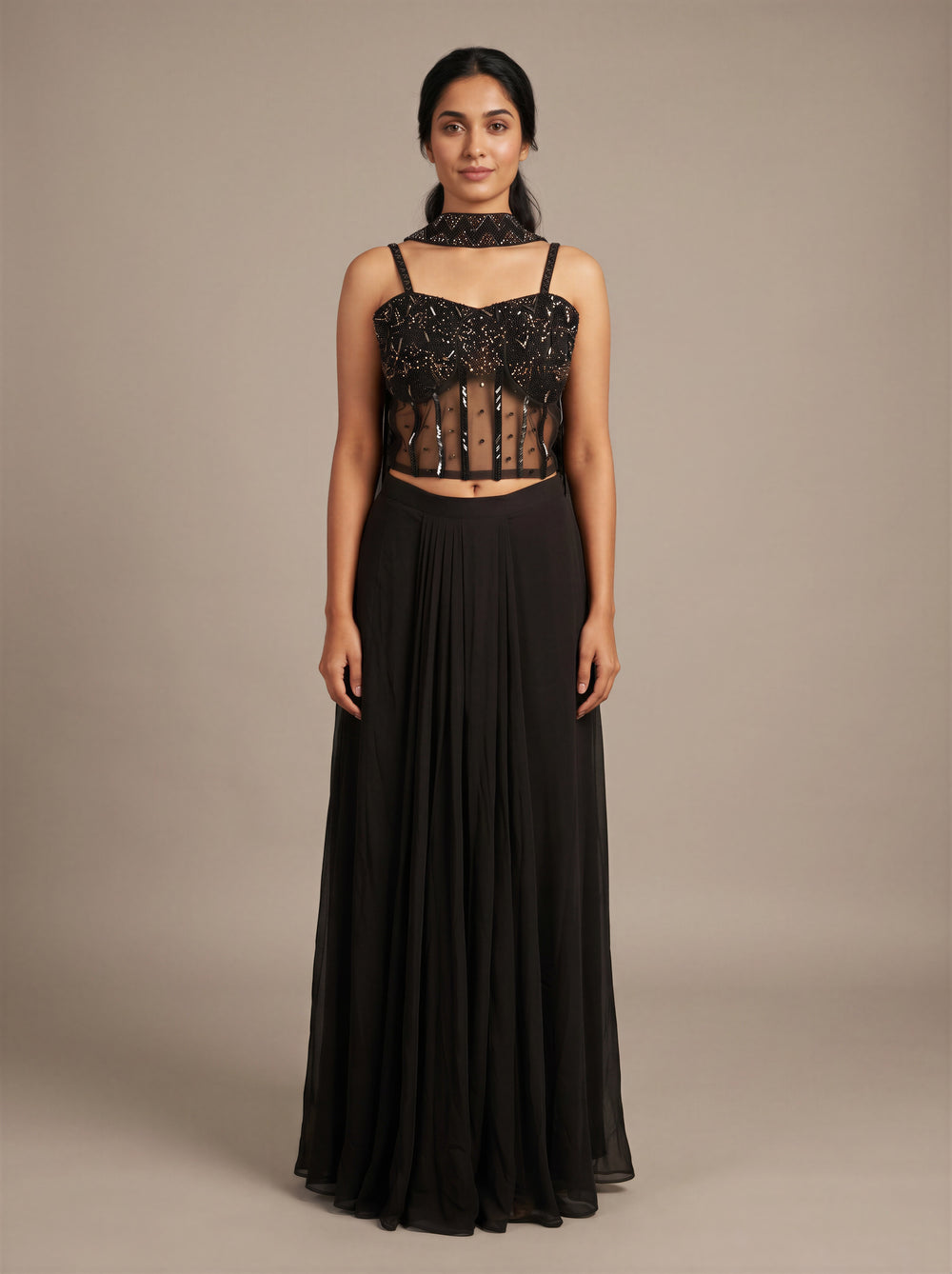 Noir Beadwork Corset Dhoti Drape Set