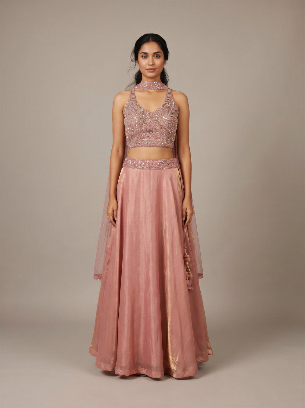 Coral Shimmer Tissue Beadwork Lehenga Set