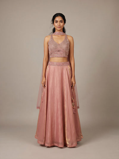 Coral Shimmer Tissue Beadwork Lehenga Set