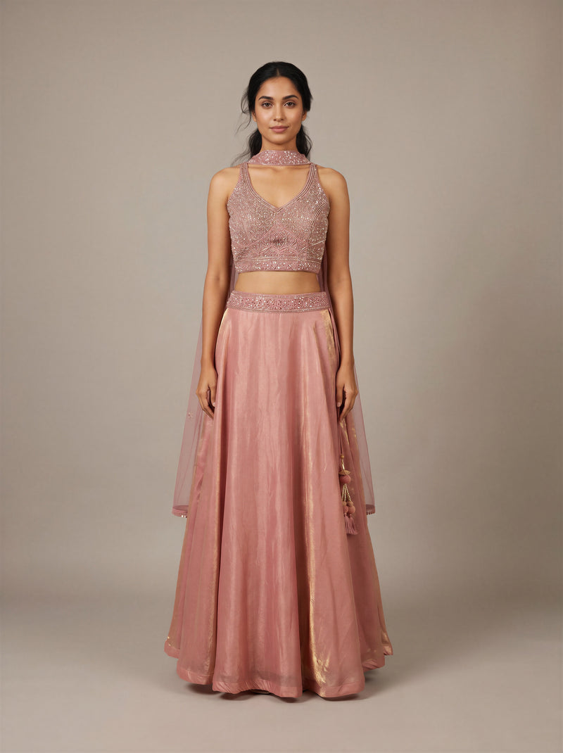 Coral Shimmer Tissue Beadwork Lehenga Set
