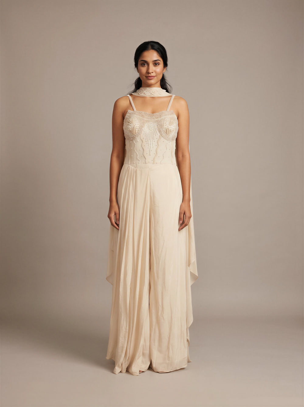 Ivory Pearl Bead Bustier Dhoti Set