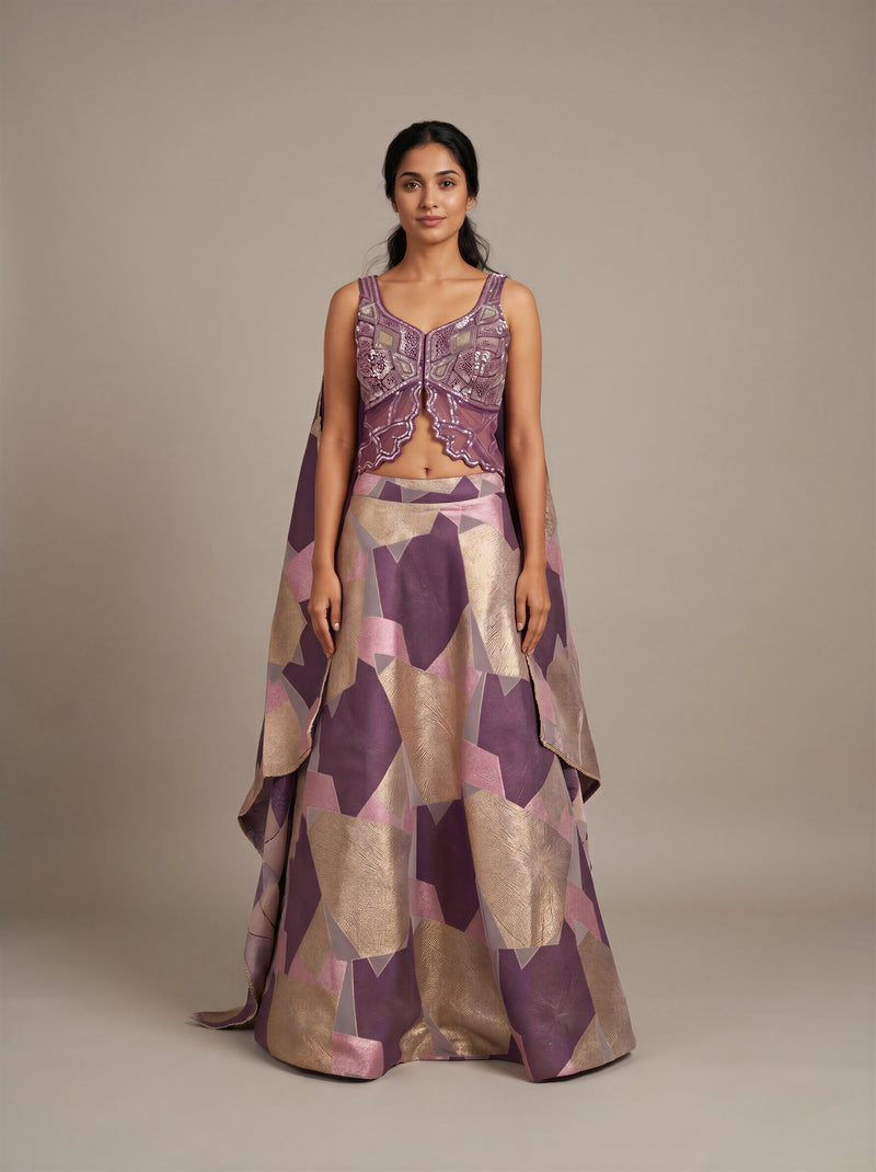 Mauve Plum Sequin Bustier Cape Lehenga