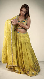 Neon Yellow Shimmer Tissue Flared Kali Lehenga Set — view 4