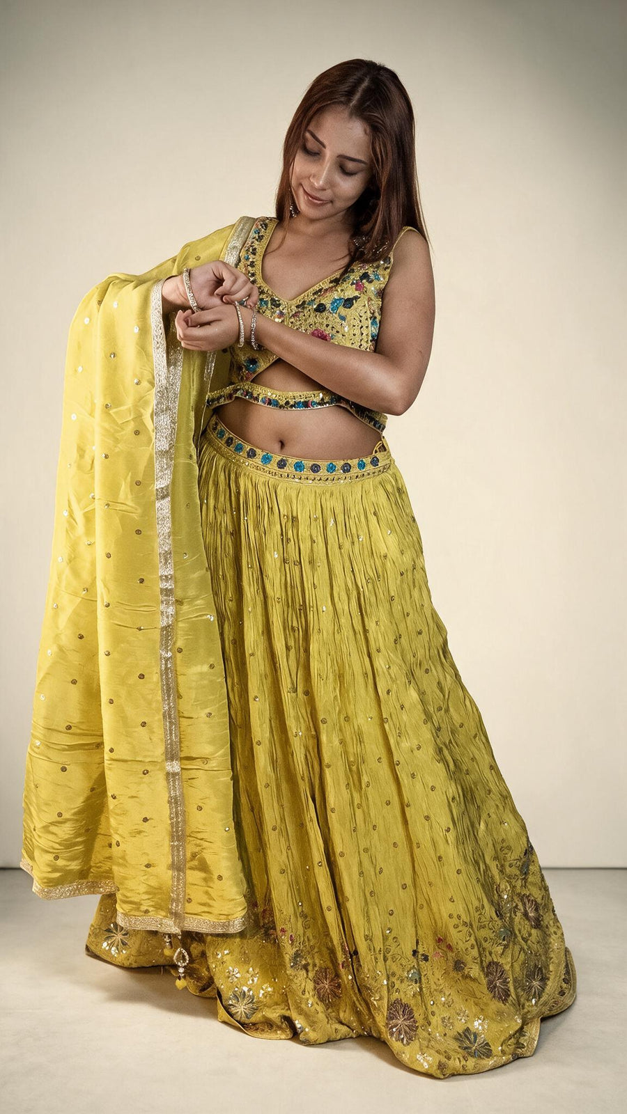 Neon Yellow Shimmer Tissue Flared Kali Lehenga Set — blouse detail