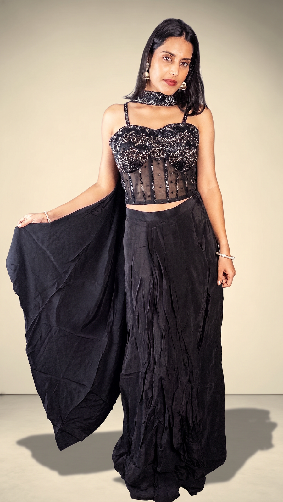 Black Beaded Corset Blouse With Crepe Draped Skirt — blouse detail