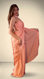 Coral Peach Pre-Draped Saree With Sequin Net Blouse — view 4