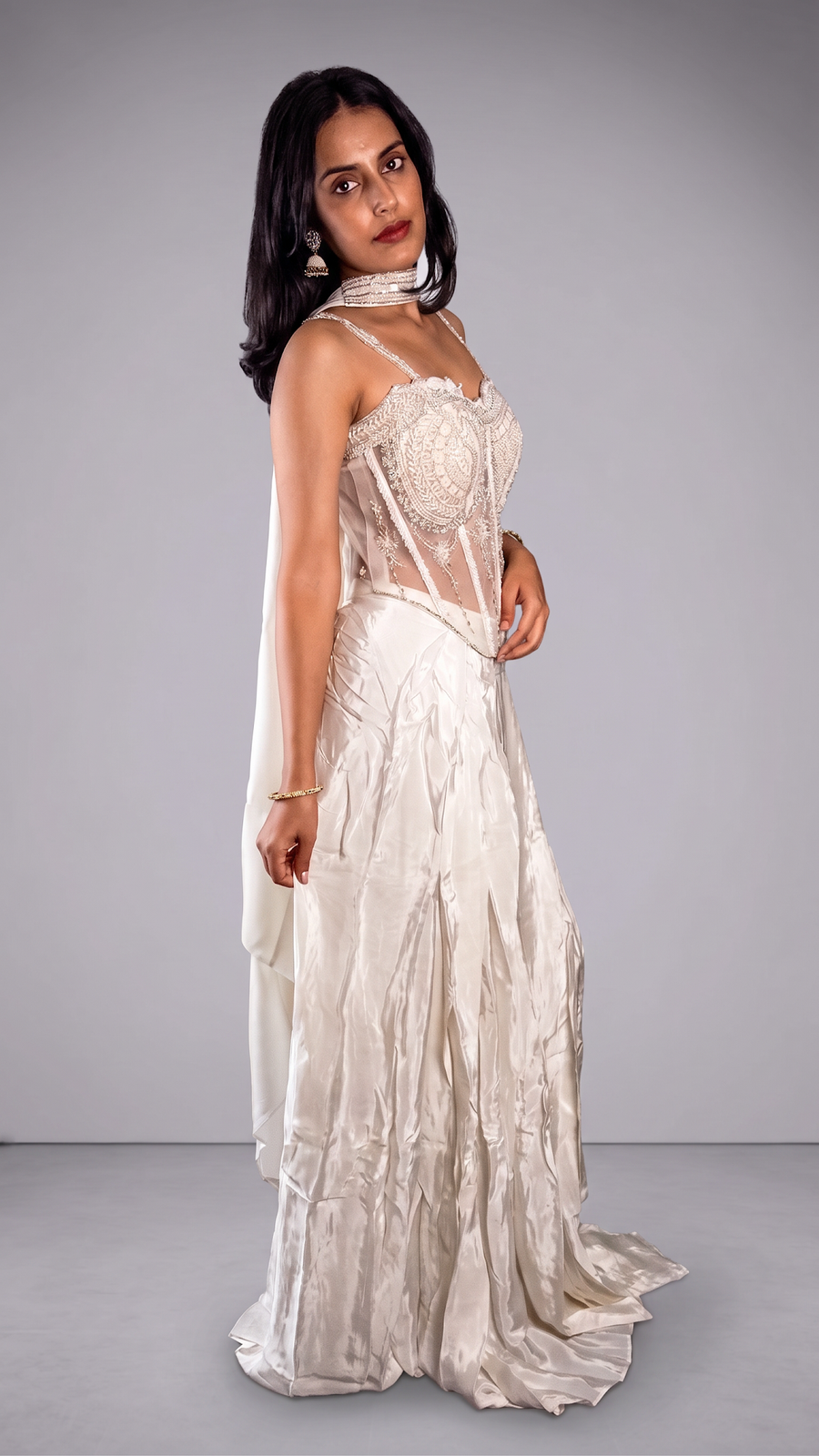 White Net Pearl-Beaded Corset and Draped Dhoti Set — blouse detail