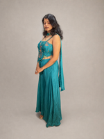 Teal Satin Corset Sharara Set With Bead Embroidery — view 4