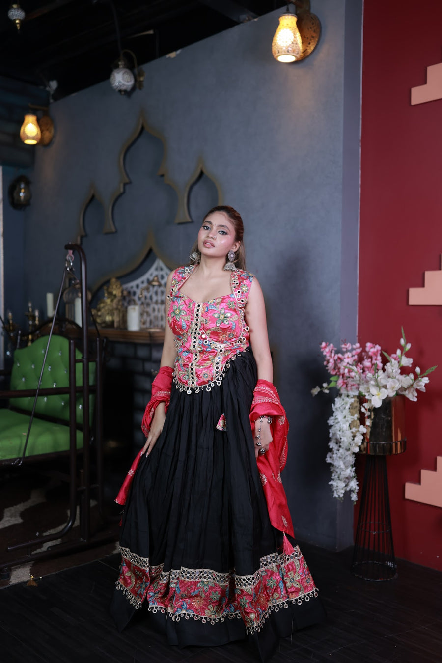 Black Cotton Kali Lehenga With Pink Mirror-Work Blouse — blouse detail