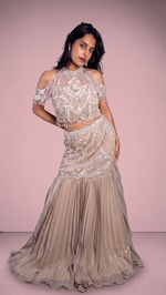 Champagne Georgette Cold-Shoulder Mermaid Skirt Set — view 4