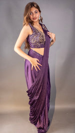 Purple Satin Pre-Draped Saree With Embellished Blouse — view 4