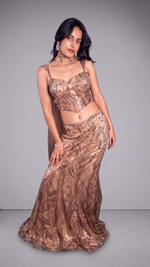 Copper Sequin Soft Net Mermaid Lehenga With Choker Cape — view 4