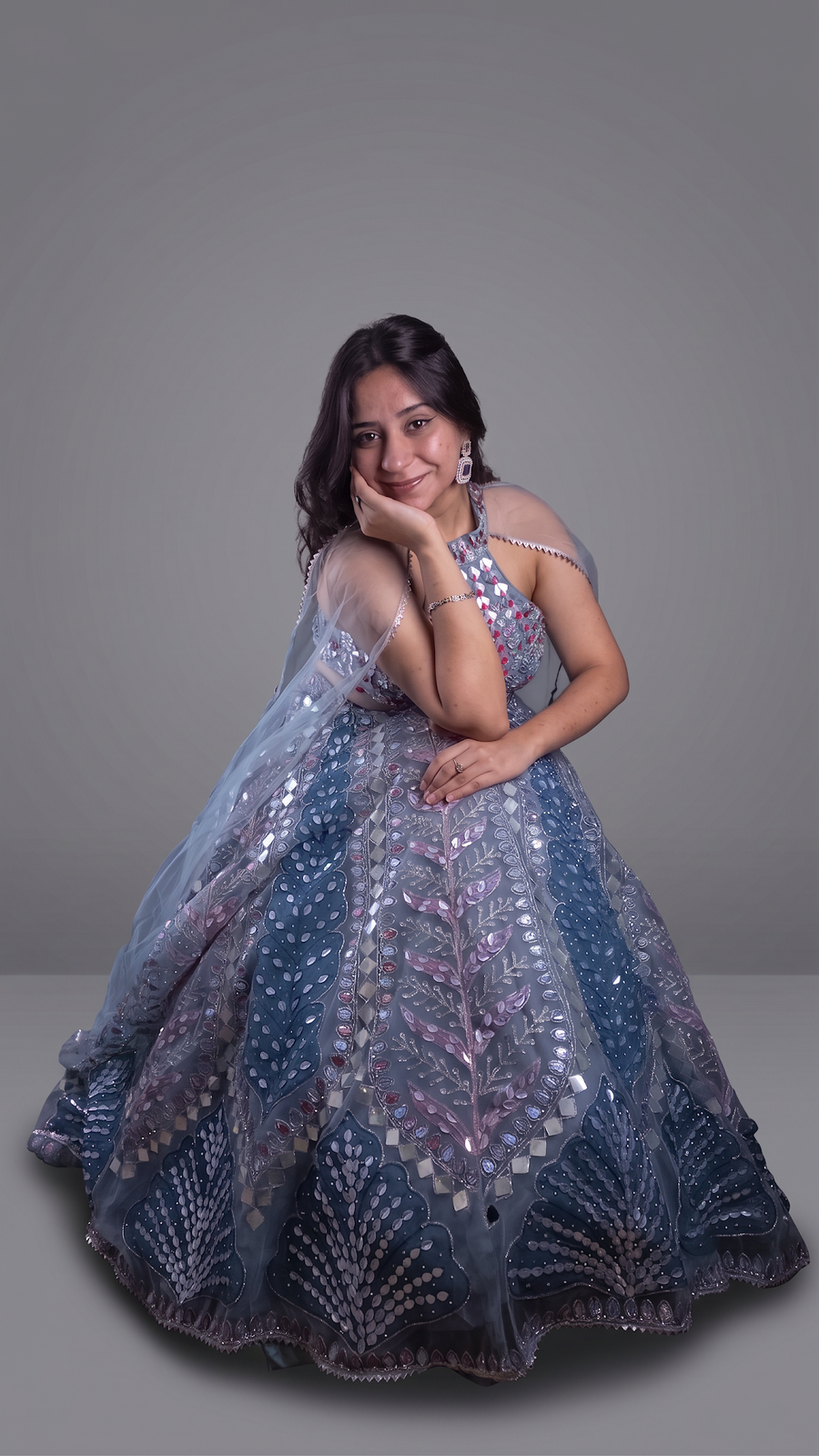 Ice Blue Net Halter Lehenga With Mirror and Zari Work — blouse detail