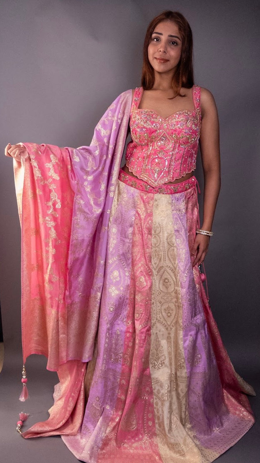 Ombré Brocade Kali Lehenga in Pink and Lilac — blouse detail