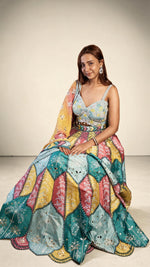 Multicolour Raw Silk Kali Lehenga With Pearl Bustier — view 4
