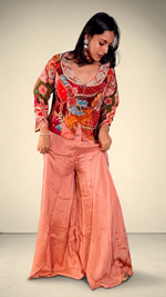 Peach Satin Palazzo Set With Embroidered Choker Jacket — view 4