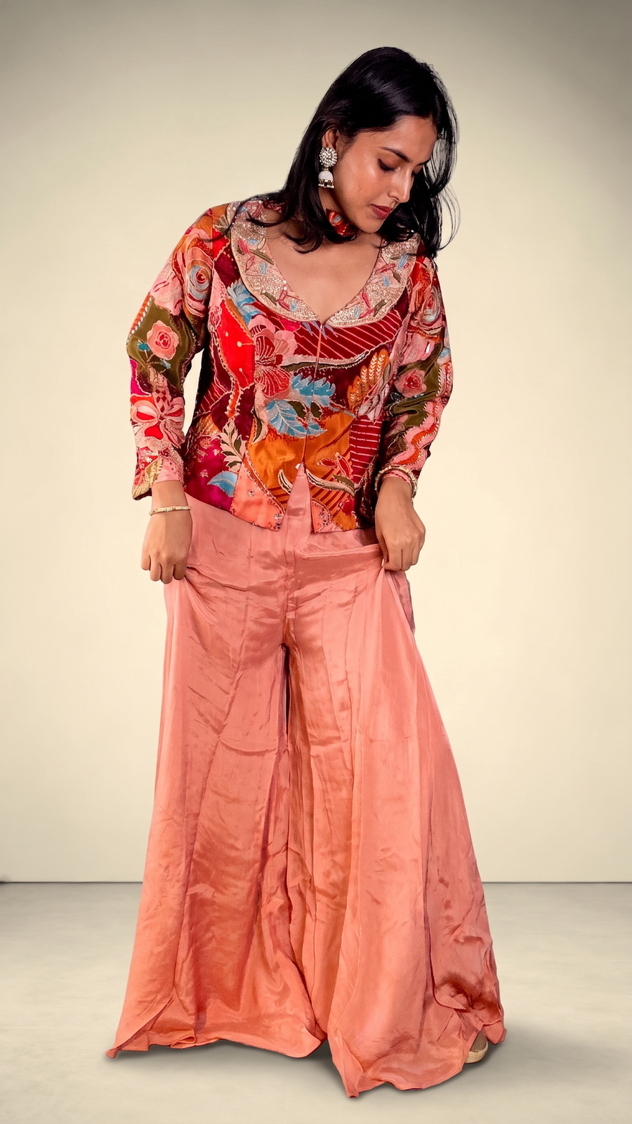 Peach Satin Palazzo Set With Embroidered Choker Jacket — blouse detail