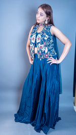 Navy Satin Sharara Set With Embroidered Cape Jacket — view 4