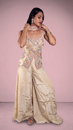 Off-White Shimmer Tissue Palazzo Suit With Mirror Work — view 4
