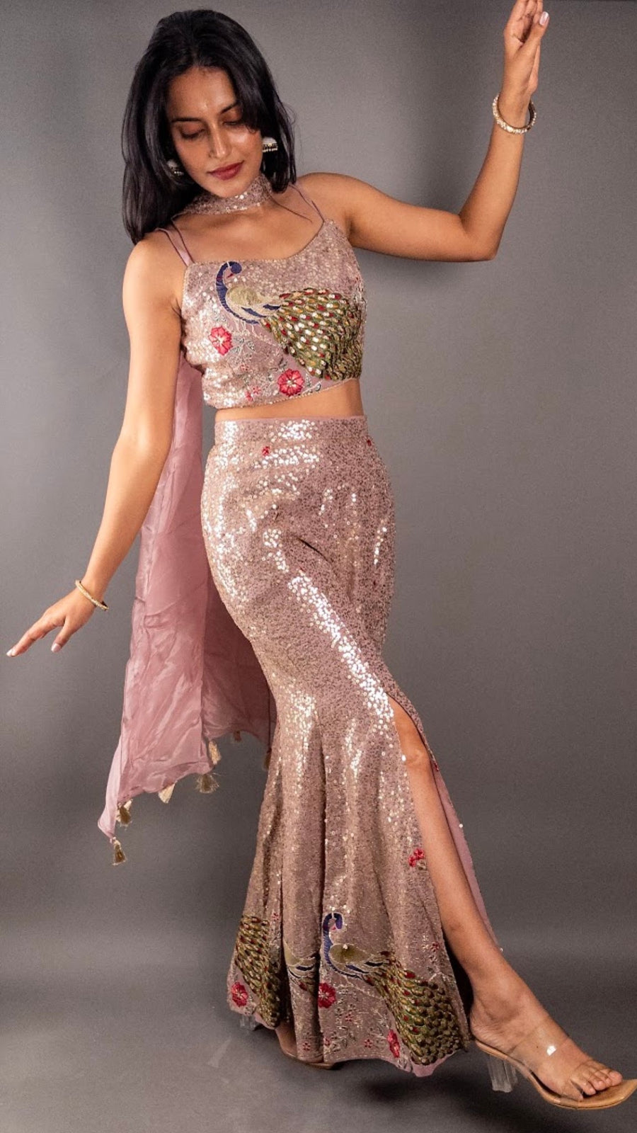 Rose Gold Peacock Embroidered Georgette Sharara Set — blouse detail