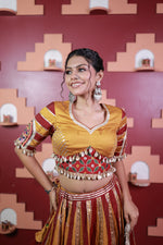 Mustard and Red Cotton Kali Lehenga With Shell Trims — view 4