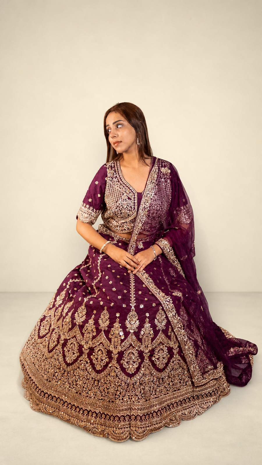 Wine Raw Silk Flared Lehenga With Cutdana Work — blouse detail