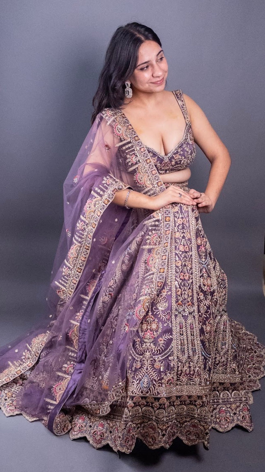 Mauve Net Lehenga With Zari and Floral Embroidery — blouse detail
