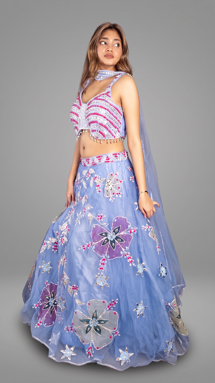 Periwinkle Blue Net Lehenga With Floral Zari Work — blouse detail