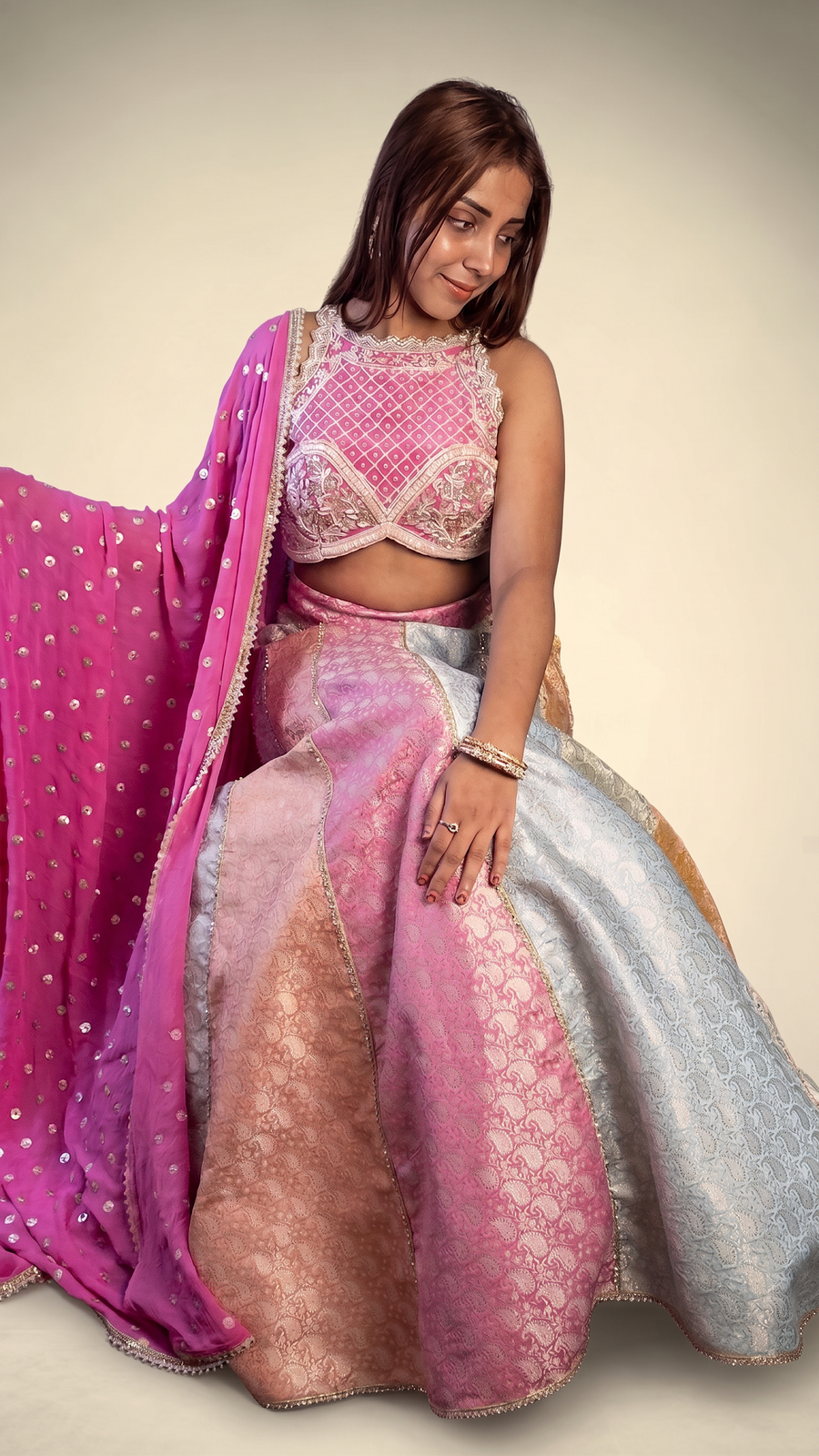 Multicolour Brocade Kali Lehenga With Pink Blouse — blouse detail