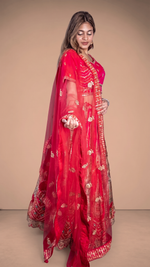 Red and Ivory Silk Brocade Kali Lehenga With Zari Work — view 4