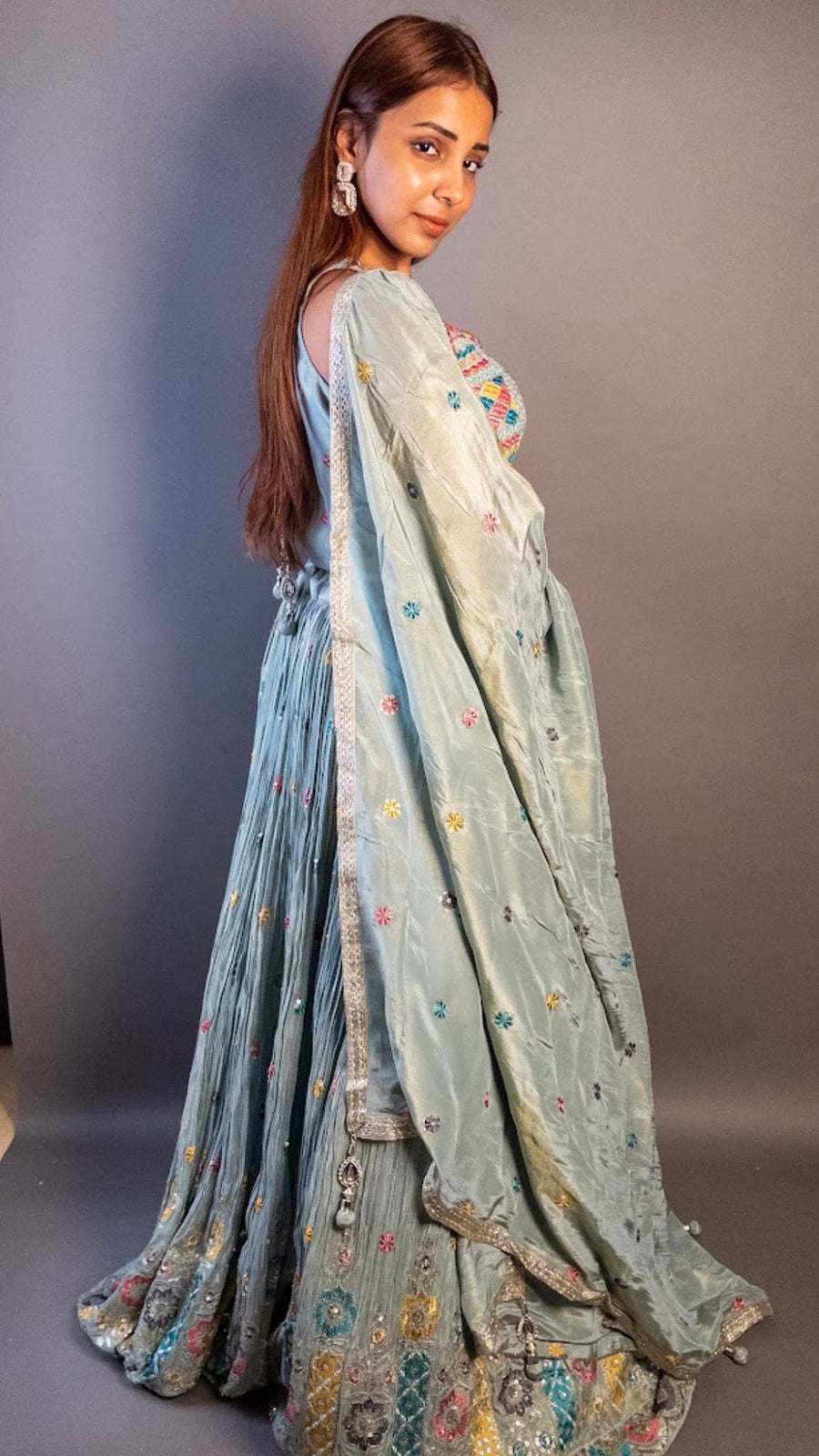 Sage Grey Crinkled Georgette Kali Lehenga Set — blouse detail