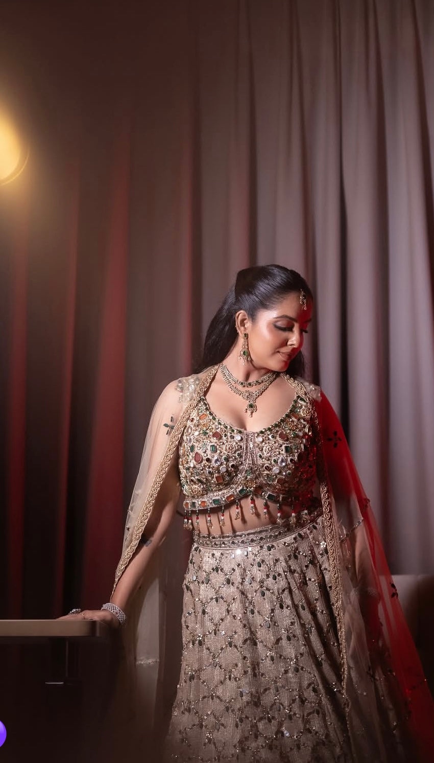Champagne Net Lehenga With Stone and Mirror Work — dupatta detail