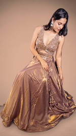 Brown Shimmer Tissue Kali Lehenga With Beaded Blouse — view 4