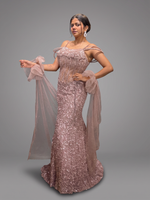 Rose Gold Sequin Mermaid Gown With Tulle Drape — view 4
