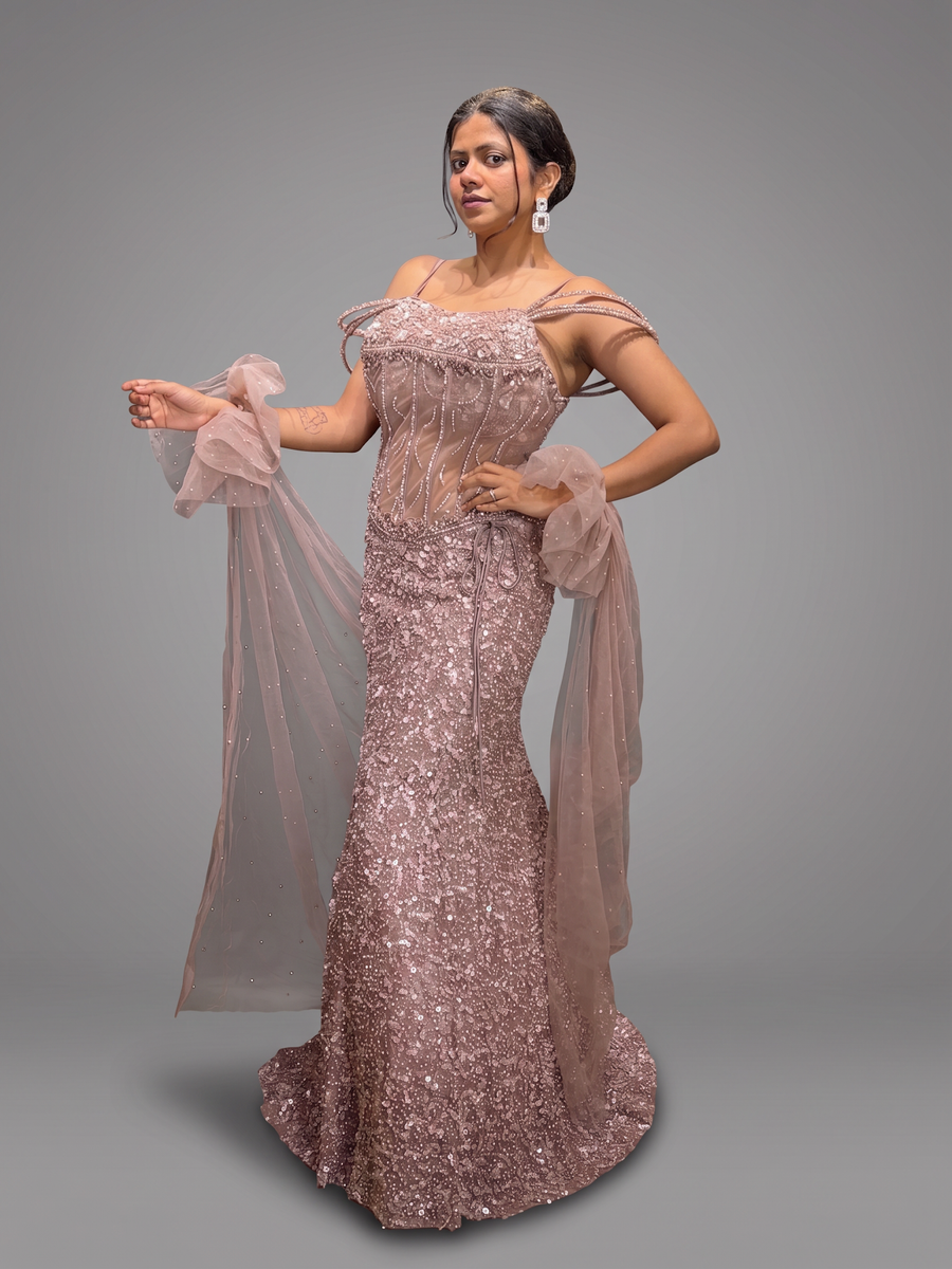 Rose Gold Sequin Mermaid Gown With Tulle Drape — blouse detail