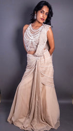 Ivory Shimmer Georgette Pearl-Draped Mermaid Saree Gown — view 4