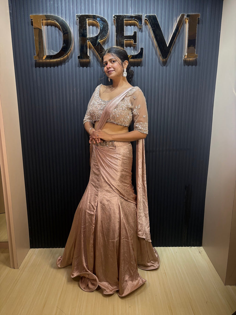 Champagne Shimmer Tissue Pre-Draped Mermaid Saree — blouse detail