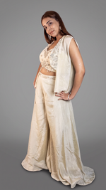 Ivory Crush Tissue Palazzo Set With Embellished Jacket — view 4