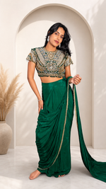 Emerald Satin Pre-Draped Saree With Cutdana Blouse — view 4