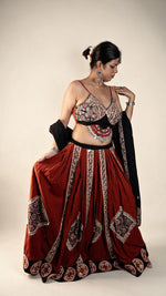 Rust Cotton Flared Kali Lehenga With Mirror Work — view 4