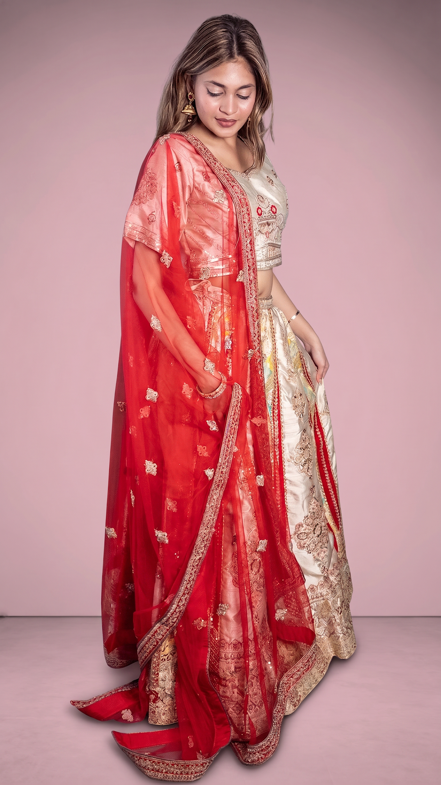 Red and Ivory Brocade Silk Kali Lehenga Set — blouse detail
