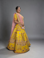 Yellow Silk Flared Kali Lehenga With Mirror Work — view 4