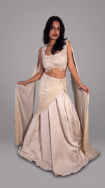 Off White Shimmer Tissue Pre-Draped Saree Gown — view 4