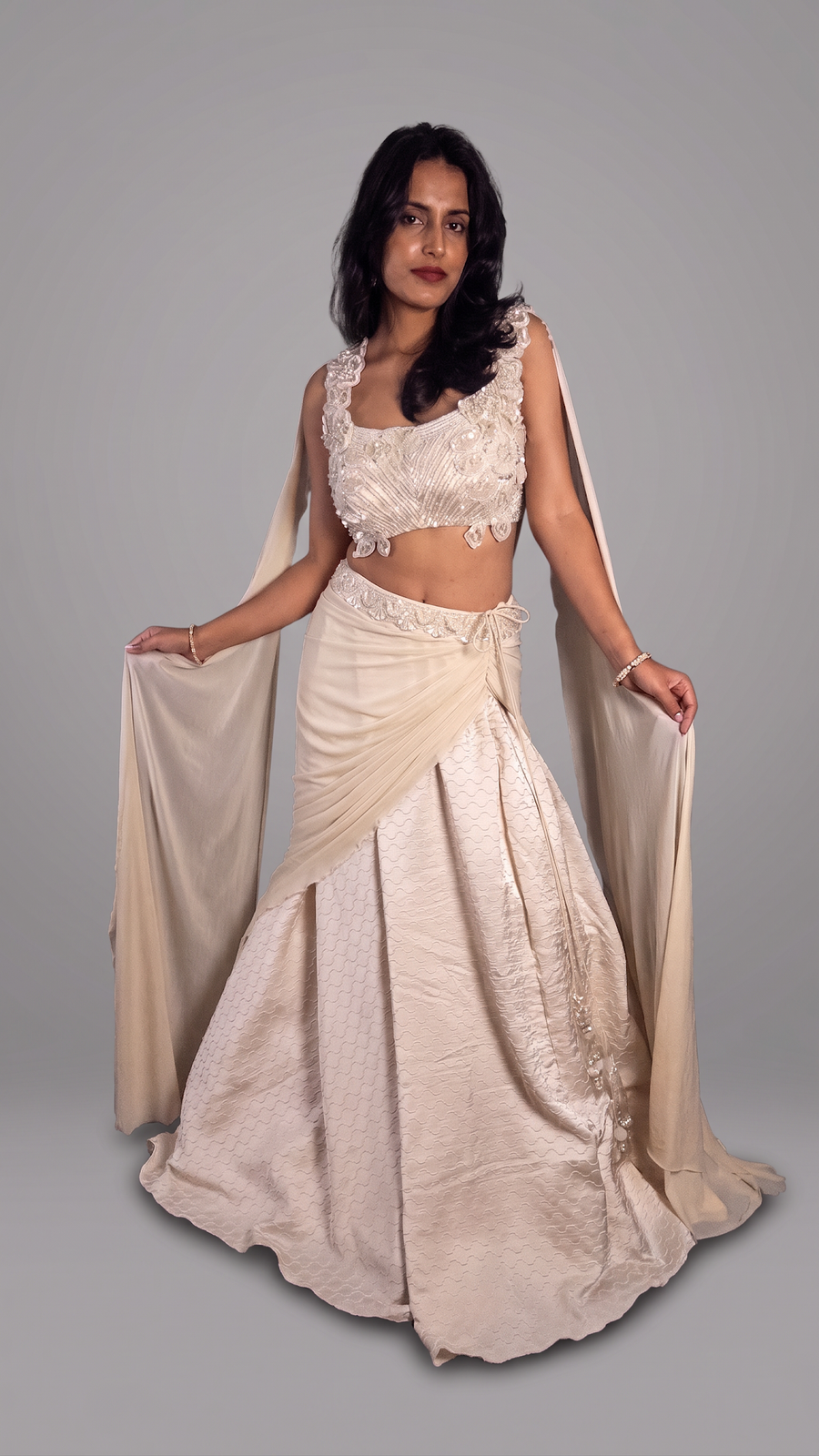 Off White Shimmer Tissue Pre-Draped Saree Gown — blouse detail